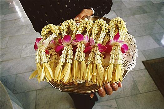 一个人,拿着,托盘,花,手镯,曼谷,泰国