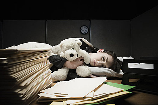 女人,睡觉,书桌,泰迪熊