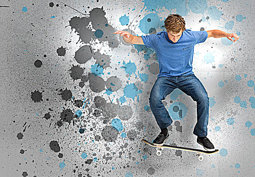 男性,玩滑板,技巧,蓝色背景,灰色,涂绘