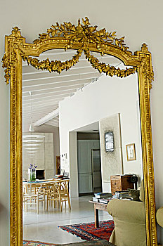 老式,镜子,华丽,镀金,框,反射,就餐区