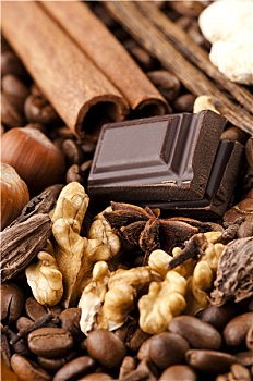 巧克力,咖啡豆,调味品,坚果
