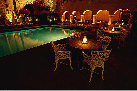 桌子,椅子,靠近,游泳池,酒店,瓦哈卡,墨西哥