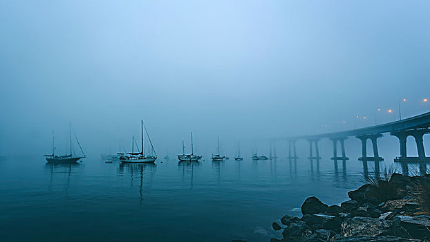 雾状,早晨,圣地亚哥,桥,帆船
