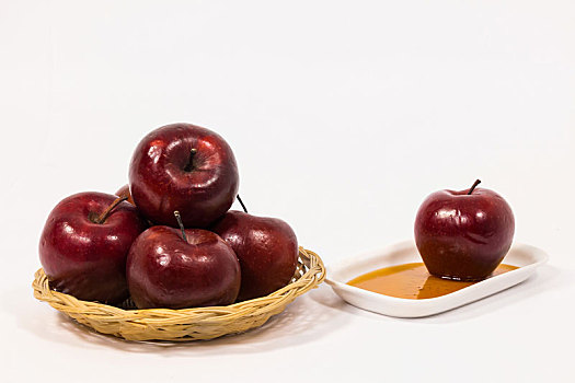 堆,红苹果,白色背景,盘子,蜂蜜,隔绝