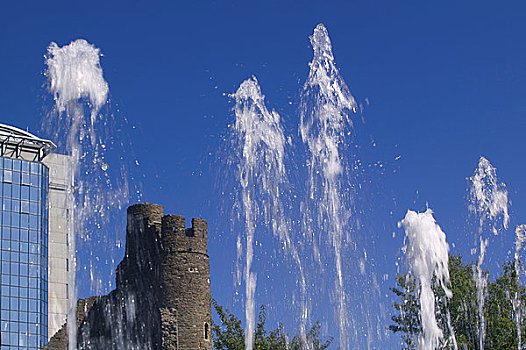 威尔士,喷气式飞机,水,上升,喷泉,城堡广场