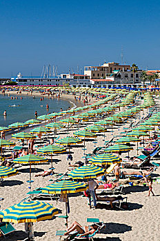 伞,平台,椅子,海滩,圣雷莫,里维埃拉,利古里亚,意大利,欧洲