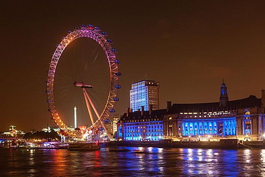 夜景,伦敦眼,橙色,灯,蓝光,泰晤士河,伦敦,英格兰,英国,欧洲