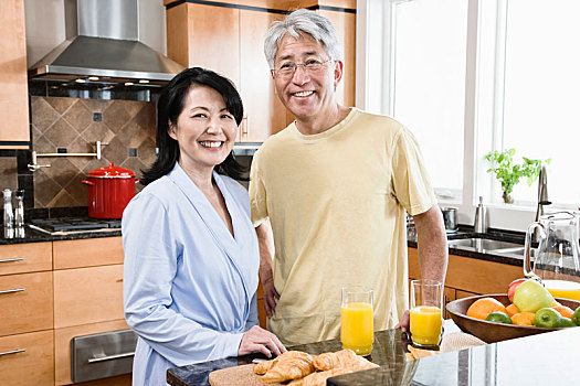 亞洲,男人,女人,新,廚房,早餐