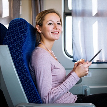美女,平板电脑,旅行,列车