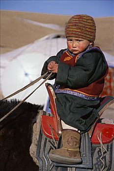 肖像,游牧,女孩,骑马,蒙古