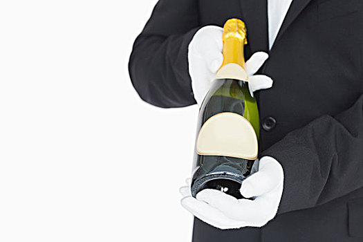 服务员,展示,香槟酒瓶,白色背景,背景