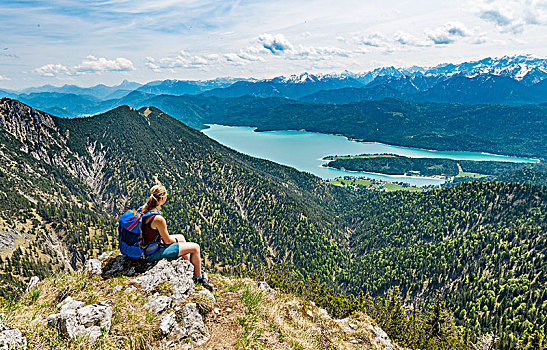 远足,看,湖,顶峰,左边,上巴伐利亚,巴伐利亚,德国,欧洲
