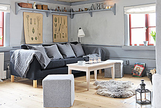 软躺椅,灰色,沙发,茶几,地毯,角,客厅,木地板