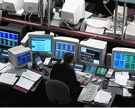 后视图,人,电脑,股票市场,交易室