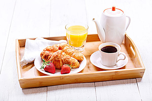 早餐,托盘,咖啡杯,牛角面包