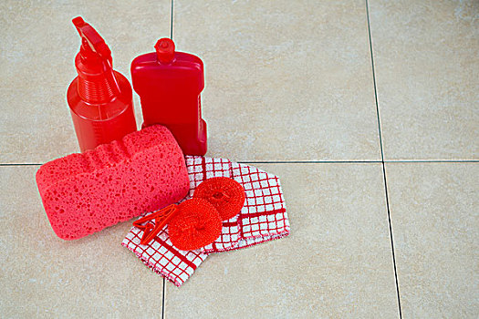 俯拍,红色,清洁产品,餐巾,地砖