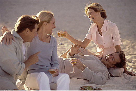 伴侣,海滩,葡萄酒