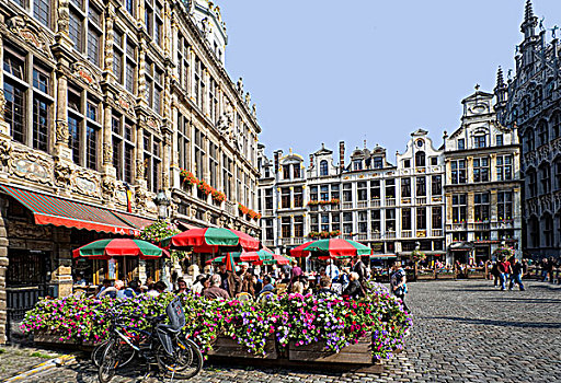街头咖啡馆,建筑,山墙,市政厅,格罗特,市场,大广场,布鲁塞尔,比利时,欧洲