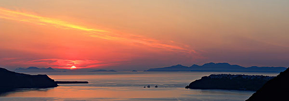 日落,全景,风景,锡拉岛,基克拉迪群岛,爱琴海,希腊,欧洲