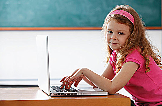 女孩,玩,电脑,教室
