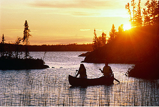 剪影,伴侣,独木舟,日落,加拿大