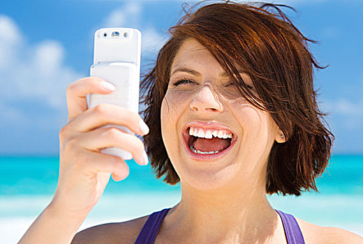 高兴,女人,白色,电话,海滩