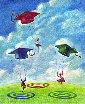 插画,学位帽,降落伞,降落,目标,地点