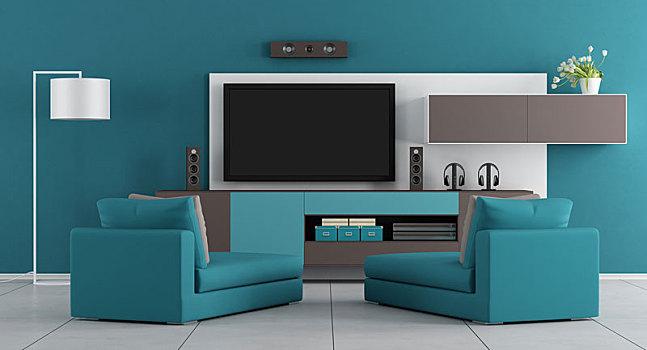 蓝色,客厅,电视