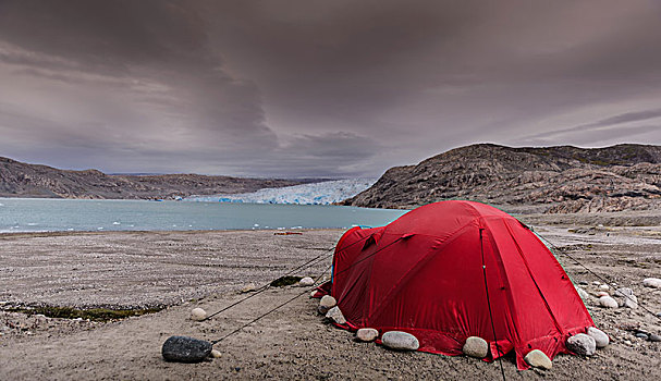 红色,帐蓬,正面,冰河,格陵兰