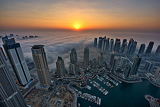 航拍,城市,迪拜,阿联酋,黄昏,摩天大楼,码头,前景