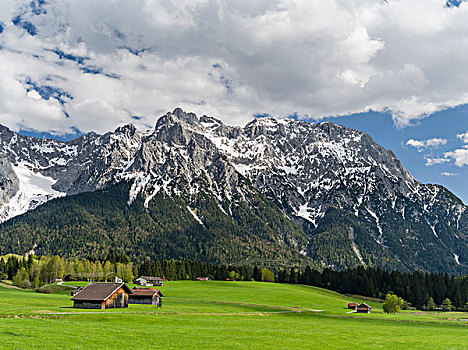 山脉,靠近,米滕瓦尔德,春天,绿色,草场,对比,安静,积雪,顶峰,西部,山,高耸,高处,巴伐利亚