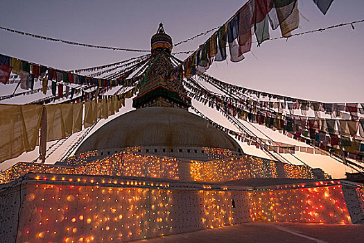 博达哈大佛塔,佛塔,装饰,经幡,满月,节日,夜光,世界遗产,加德满都,尼泊尔,亚洲