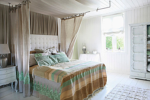 豪华,床,棉絮,床头板,轻快,帘,晴朗,卧室
