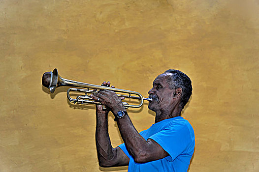 古巴,音乐人,演奏,喇叭,吹号,肖像,特立尼达,大安的列斯群岛,加勒比海,中美洲,北美
