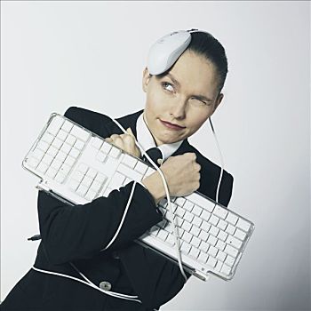 女人,看,邪恶,键盘,手臂,鼠标,头部