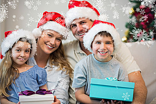 家庭,穿,圣诞节,帽子,拿着,礼物