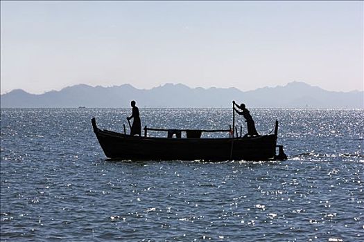 缅甸,捕鱼者,杆,渔船,浅水,港口