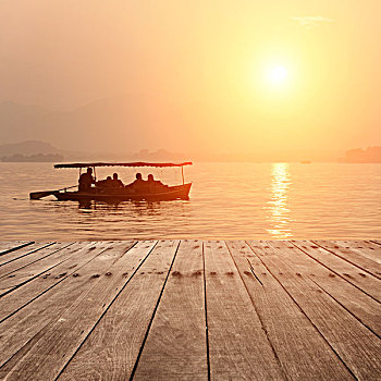木板,湖,日落,背景