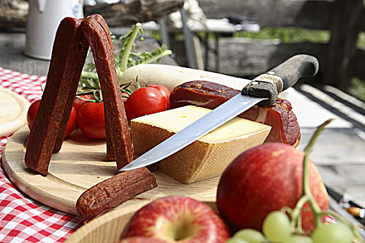 奶酪,香肠,木头,切菜板,刀