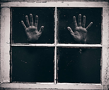 手掌,按压,窗玻璃,窗户,接触,玻璃