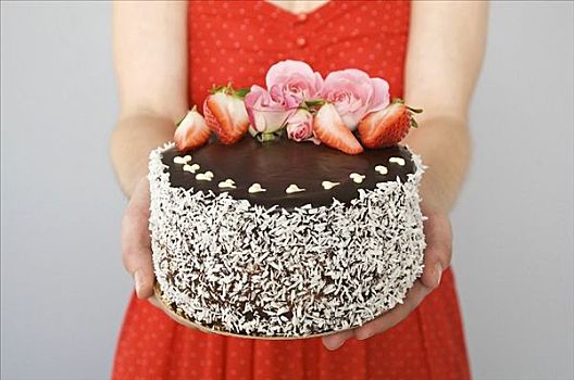 巧克力蛋糕,装饰,花,草莓