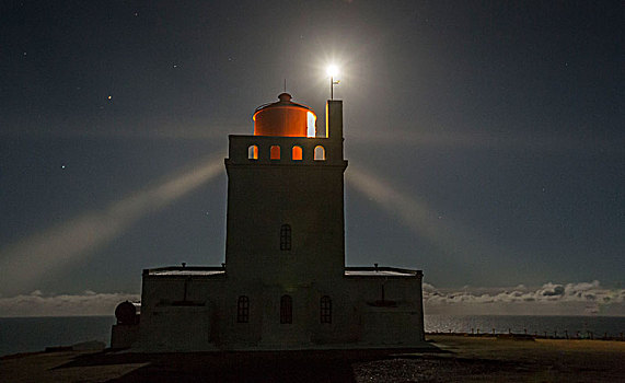 冰岛,灯塔,光线,星空,夜晚,岬角,月亮,上方,海洋