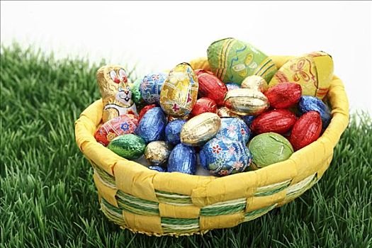 复活节礼筐,巧克力蛋,草地