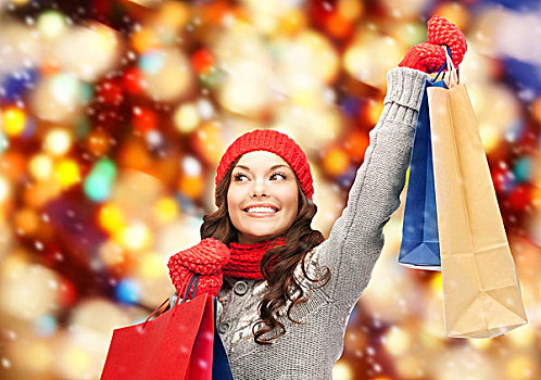购物,圣诞节,销售,礼物,概念,高兴,亚洲女性,冬天,衣服,购物袋