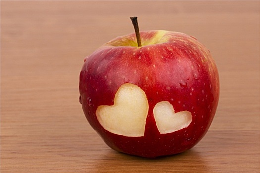 两个,心形,新鲜,苹果,情人节,木质背景