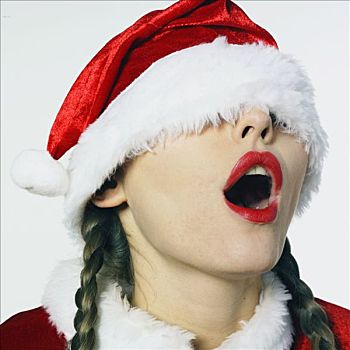 肖像,女人,装扮,圣诞老人,帽子,隐藏,眼睛,张嘴