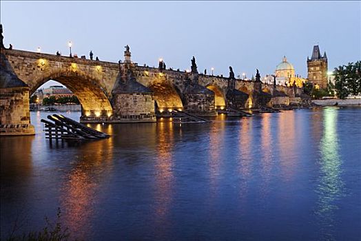 晚间,气氛,查理大桥,世界遗产,布拉格,捷克共和国,欧洲