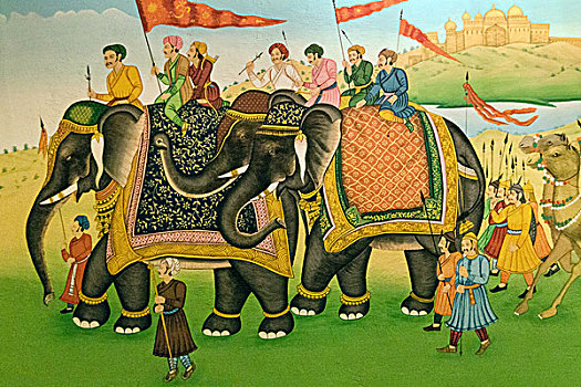 壁画,大象,哈维利建筑,拉贾斯坦邦,印度,亚洲