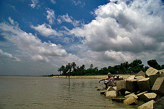 一个,男人,捕鱼,鱼竿,河,孟加拉,六月,2008年