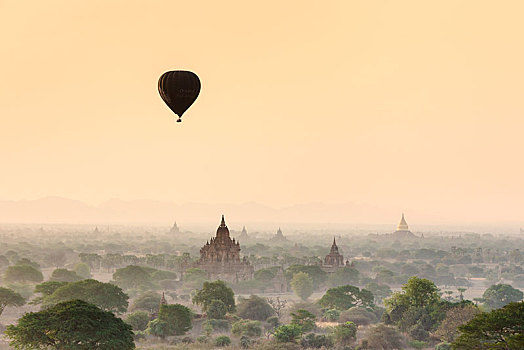 热气球,上方,蒲甘寺庙,日出,蒲甘,分开,曼德勒,缅甸,亚洲